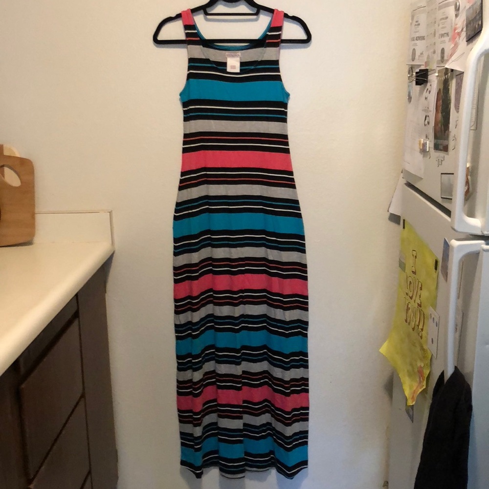 Coral Blue Grey and Black Striped Maxi Dress
